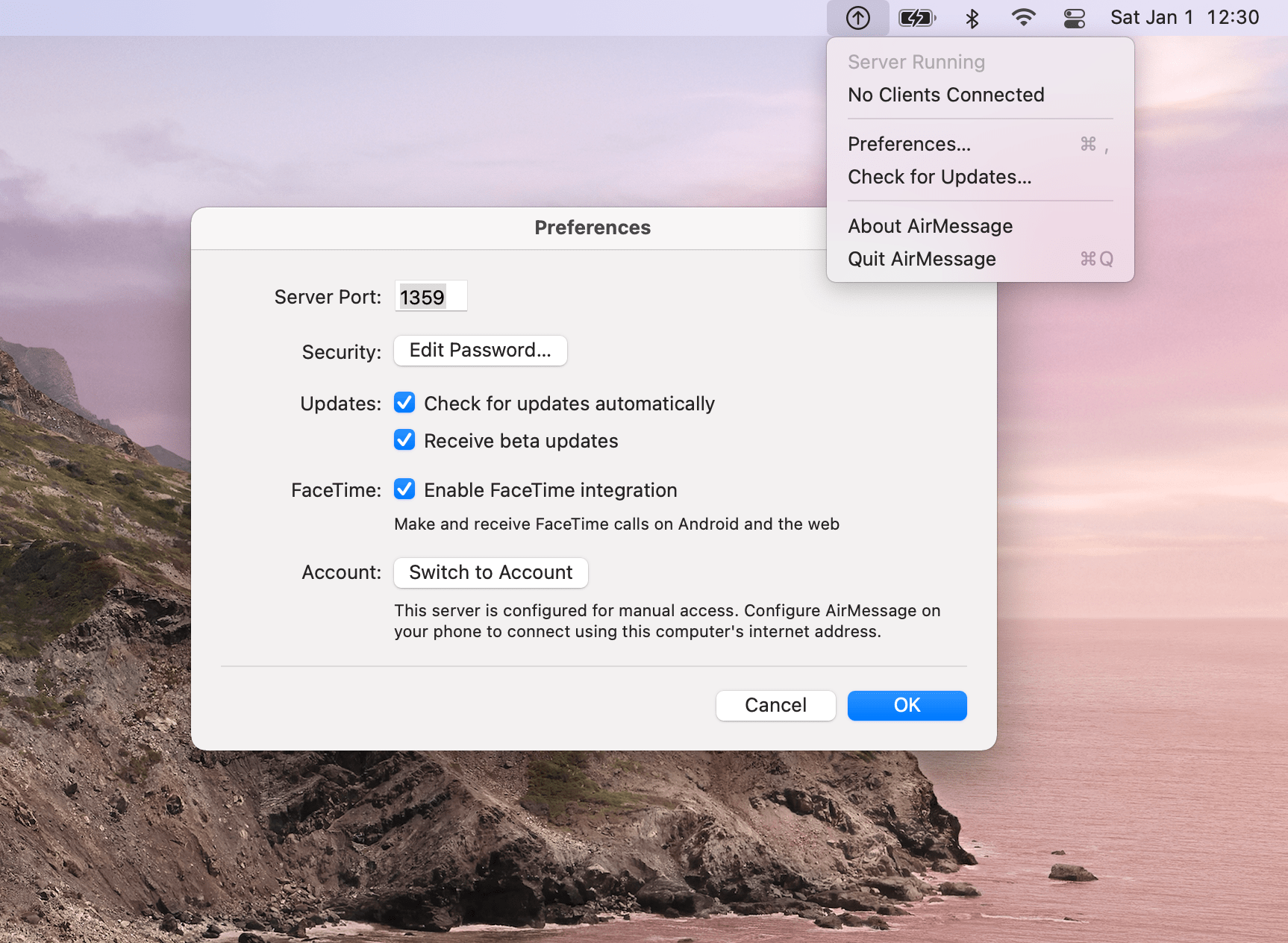 AirMessage Server in the menu bar