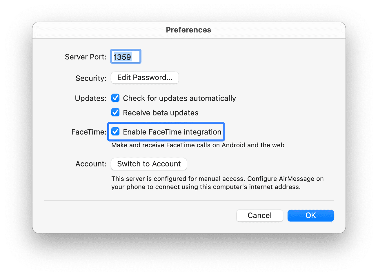 "Enable FaceTime Integration" highlighted in AirMessage's settings window