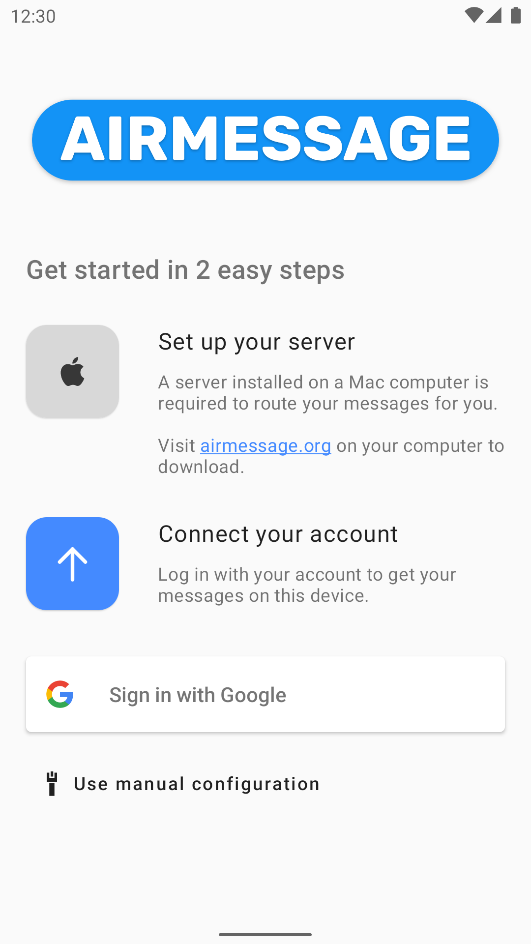 AirMessage for Android's new onboarding screen