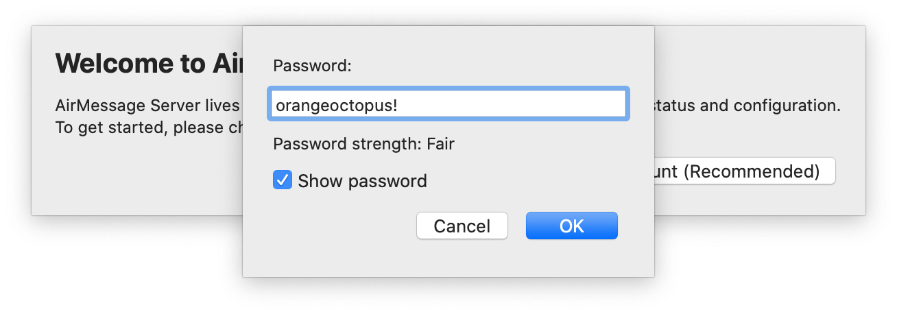AirMessage Server prompting the user for a password
