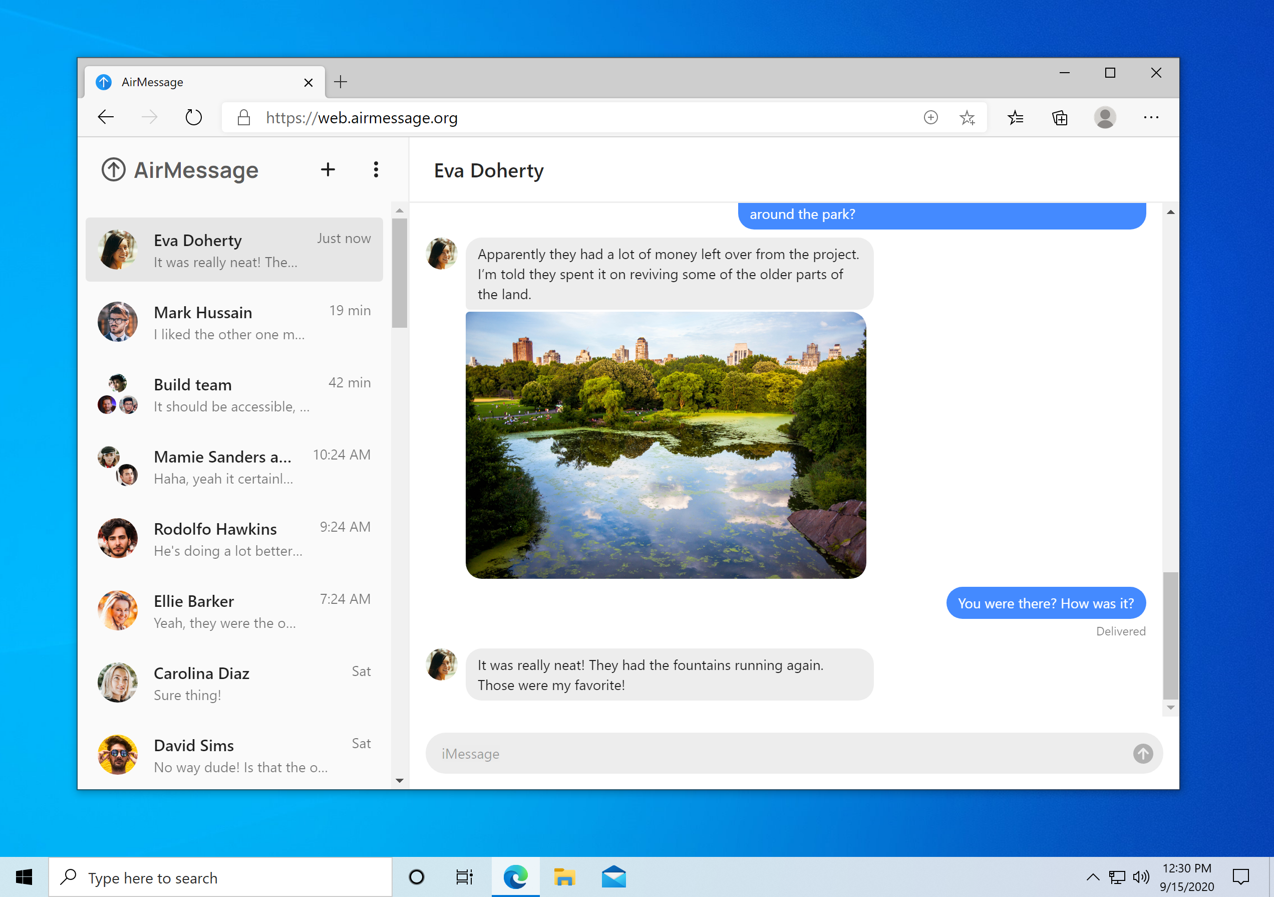 AirMessage for web running in Microsoft Edge on Windows 10