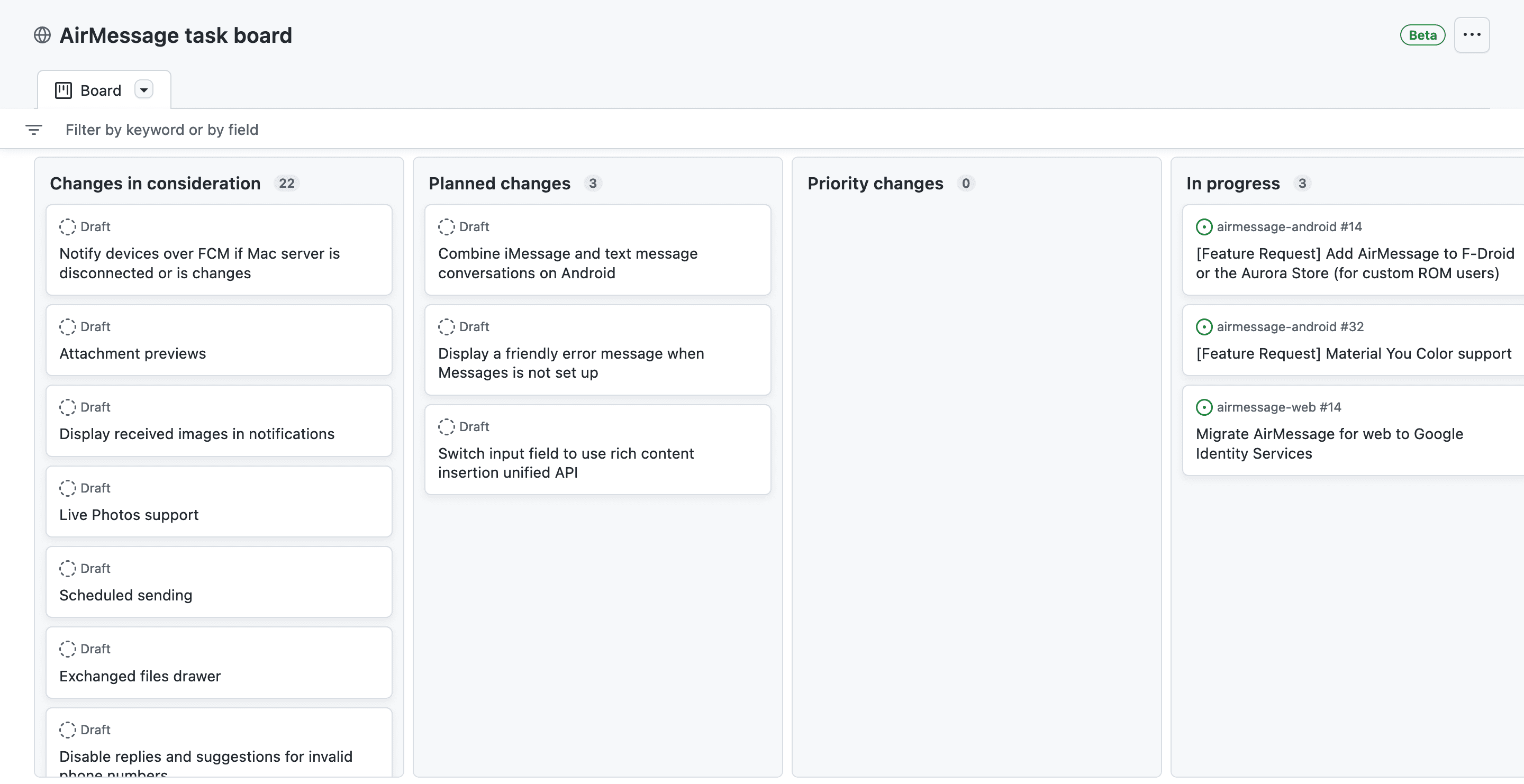 AirMessage's GitHub Projects board